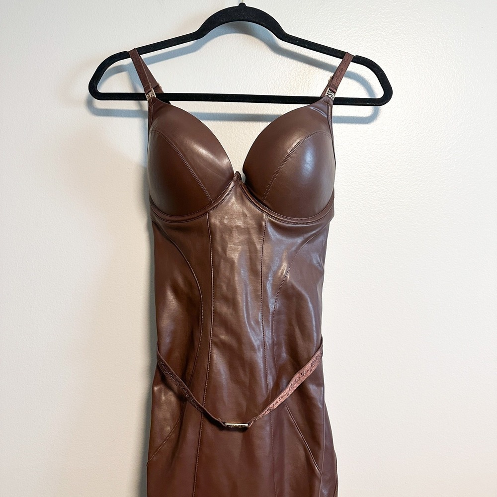 Honey Birdette Emily Deep Mahogany Faux Leather Dress NWT Size XS - Picture 7 of 16